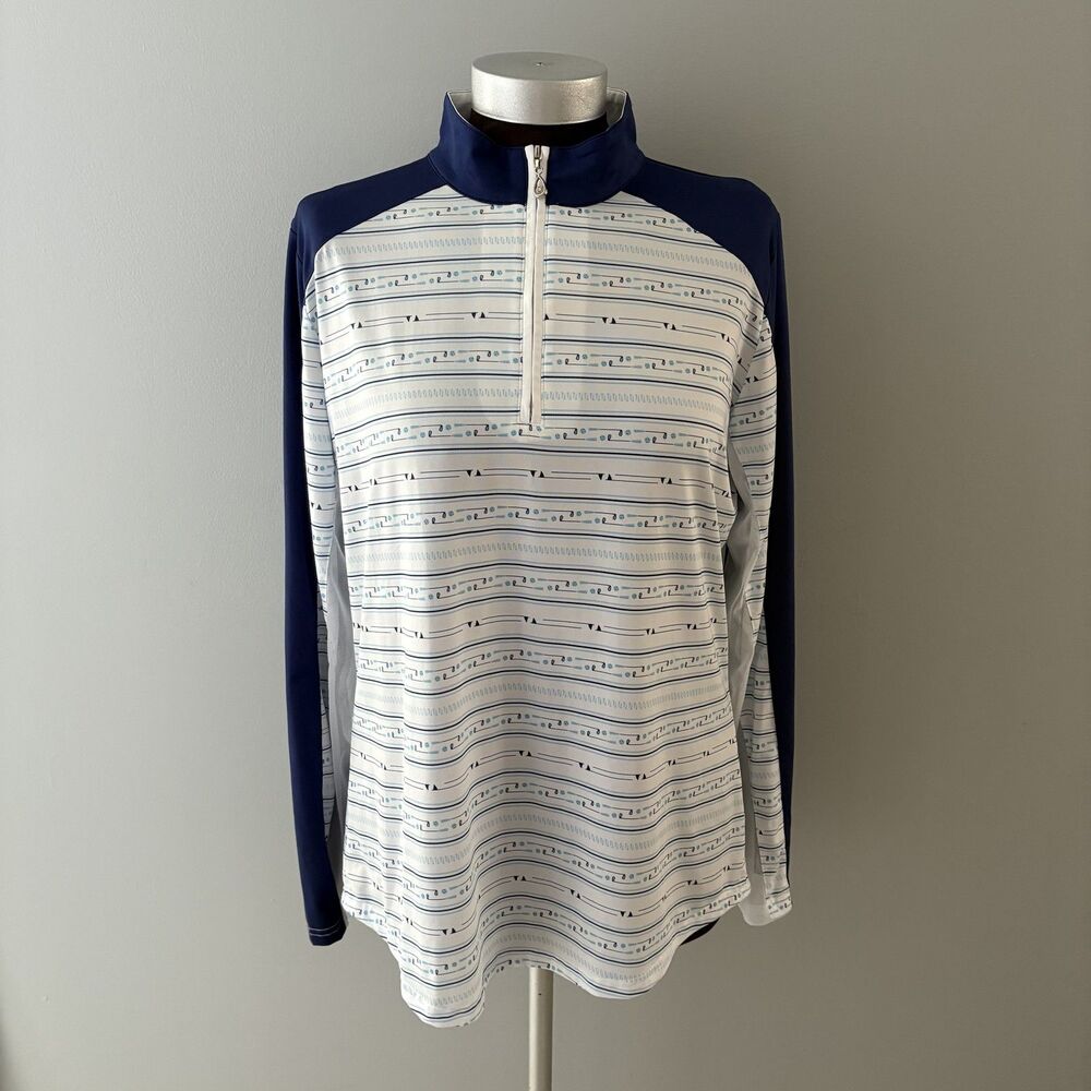 SanSoleil 1/4 Zip Pullover Womens Large Blue White Print UV 50 Golf Pickleball - Picture 2 of 16